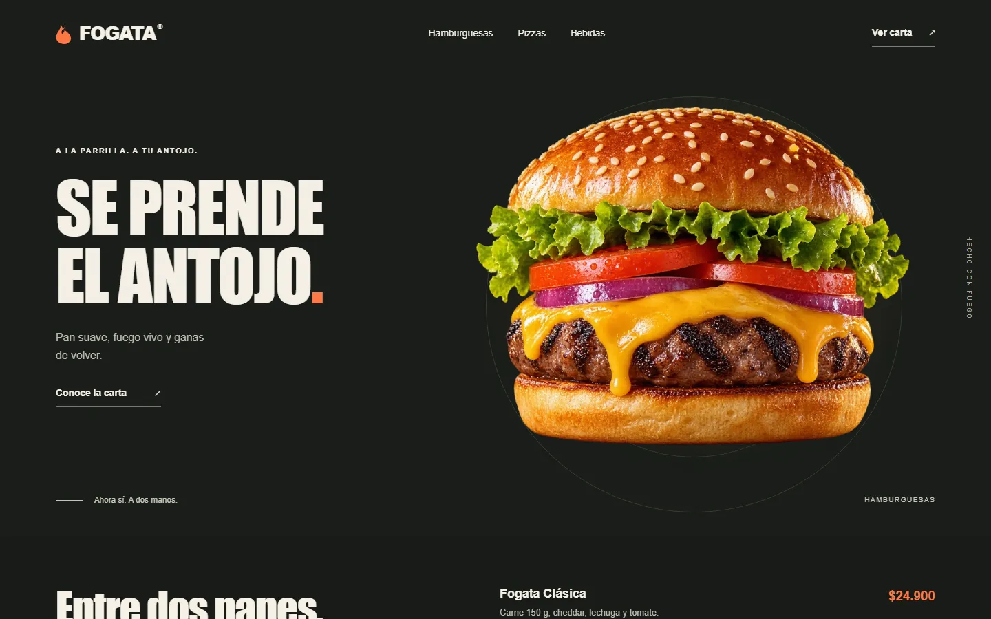 Fogata demo home: a burger on a dark background