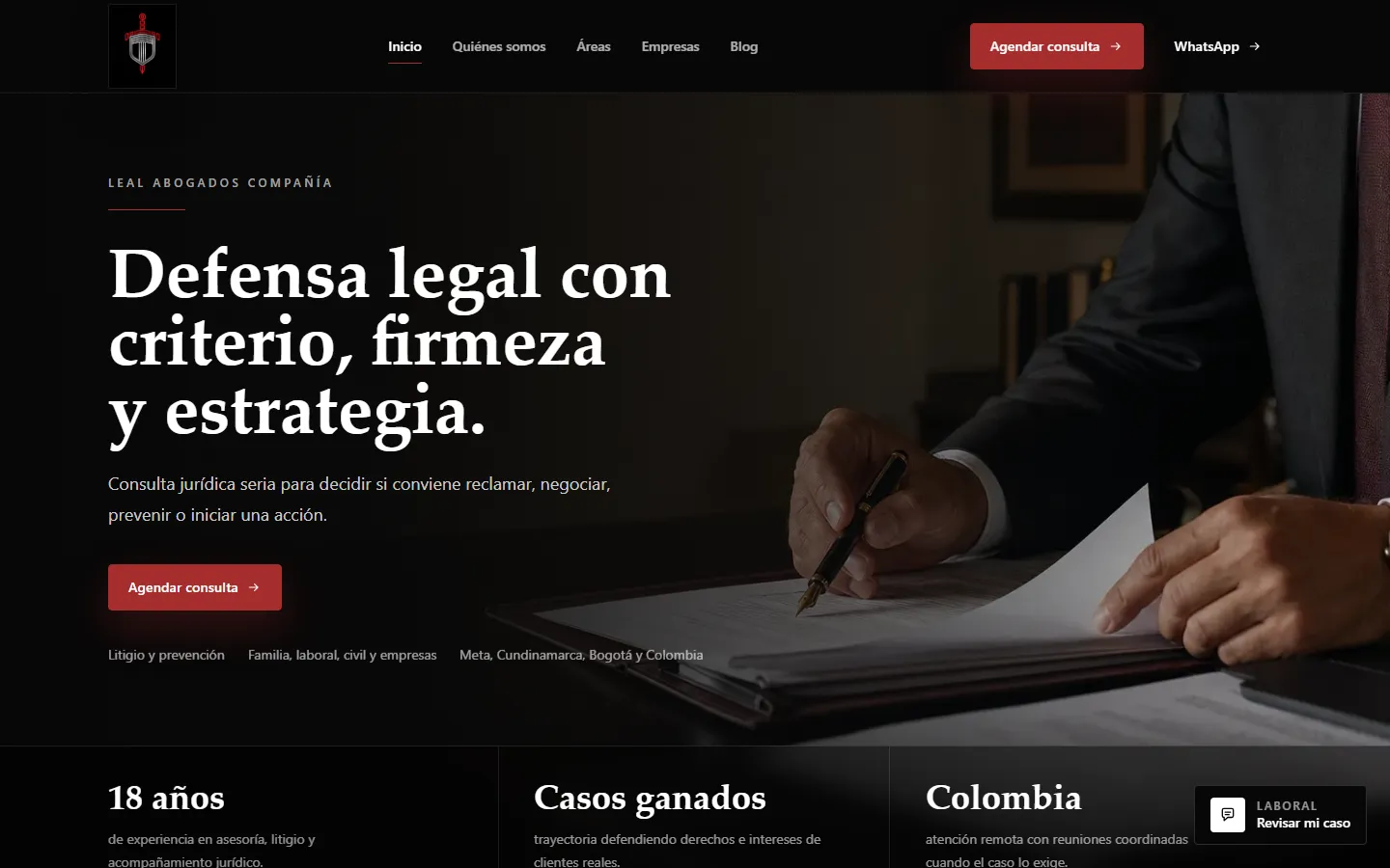 Leal Abogados home page with the consultation call to action