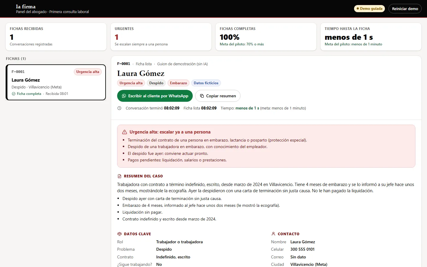 First-consultation intake agent for Leal Abogados