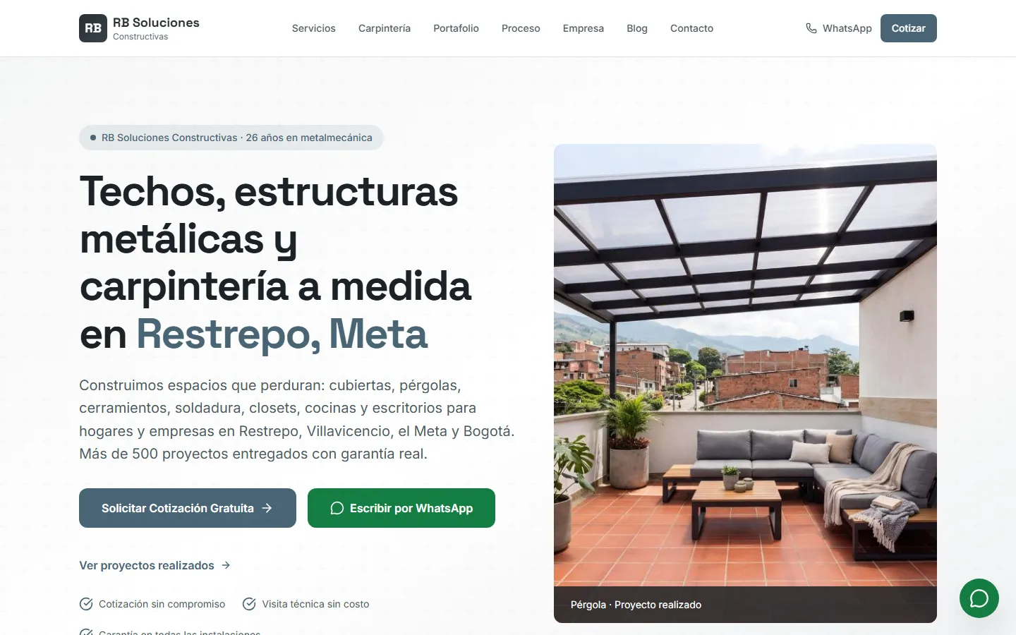 RB Soluciones home page: metal roofs, structures and carpentry in Restrepo, Meta