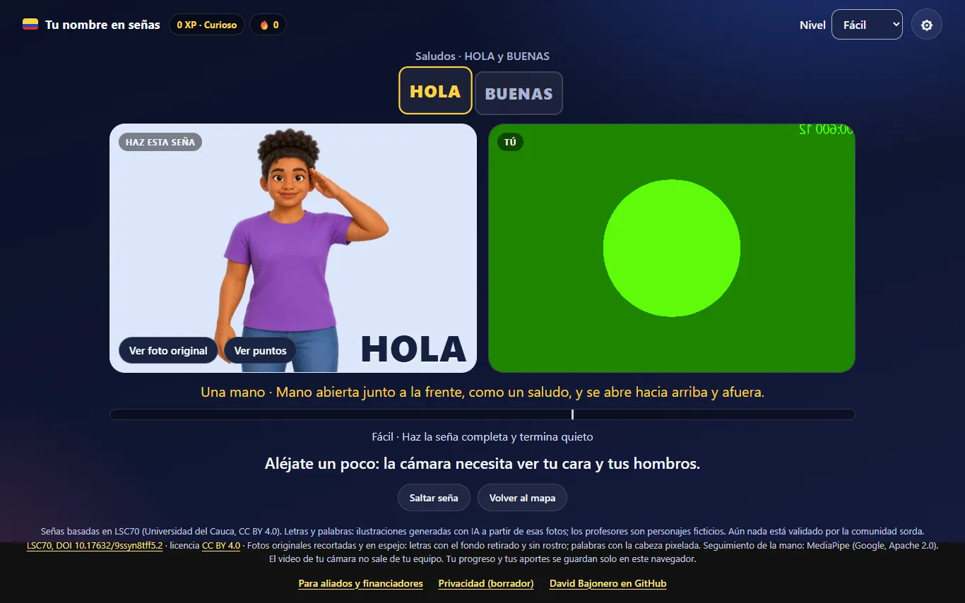 Lección HOLA del juego de Lengua de Señas Colombiana